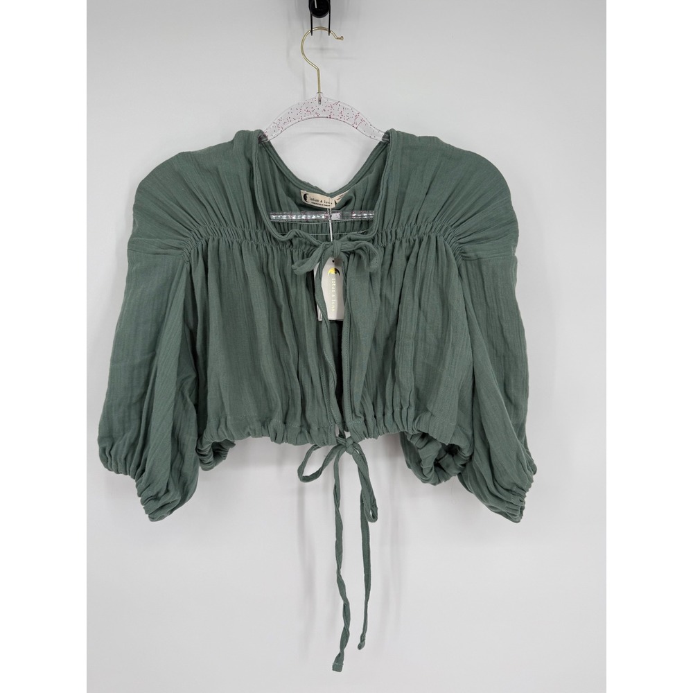 Lotus & Luna Sage Green Tie Front Cropped Blouse Puff Sleeve Sz S/M Hand Made